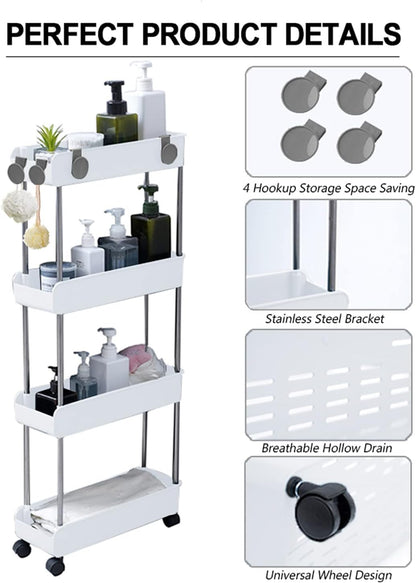 4-Tier Melody House Slim Mobile Shelving Unit on Wheels, Slide Out Rolling Bathroom Storage Organizer, Utility Carts