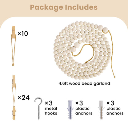 KLOGTSIND Kids Art Display Wall Decor, Wooden Beads Garland Frame Holder with 34 Clips for kids artwork, Photo, Wall Hanging Boho Room Bedroom Decor