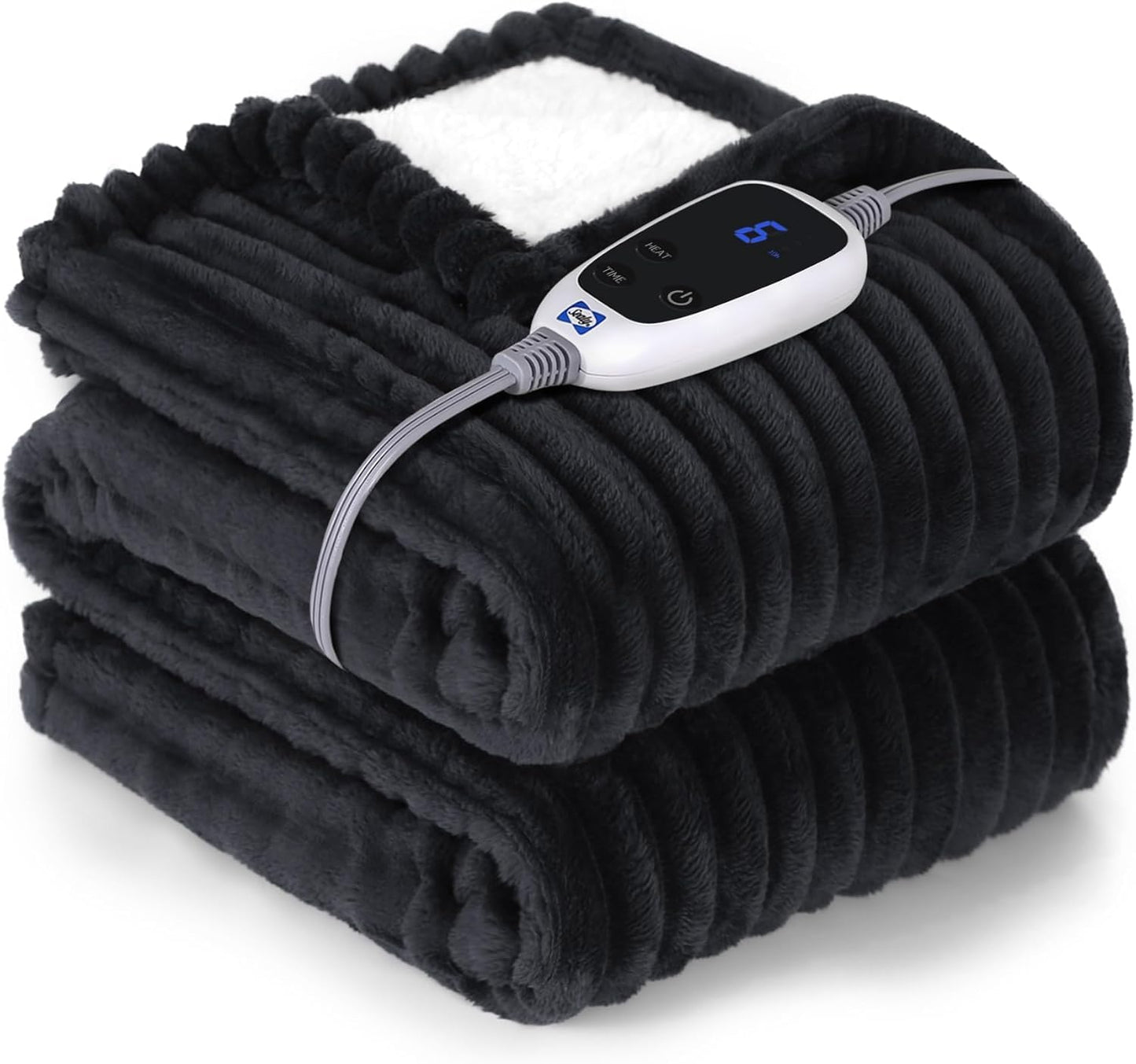 SEALY Electric Blanket Full Size, Soft Ribbed Flannel to Sherpa Reversible Heated Blanket with 10 Heat Settings & 1-12 Hours Auto-Off Overheat Protection, Machine Washable, 72"x84" Beige