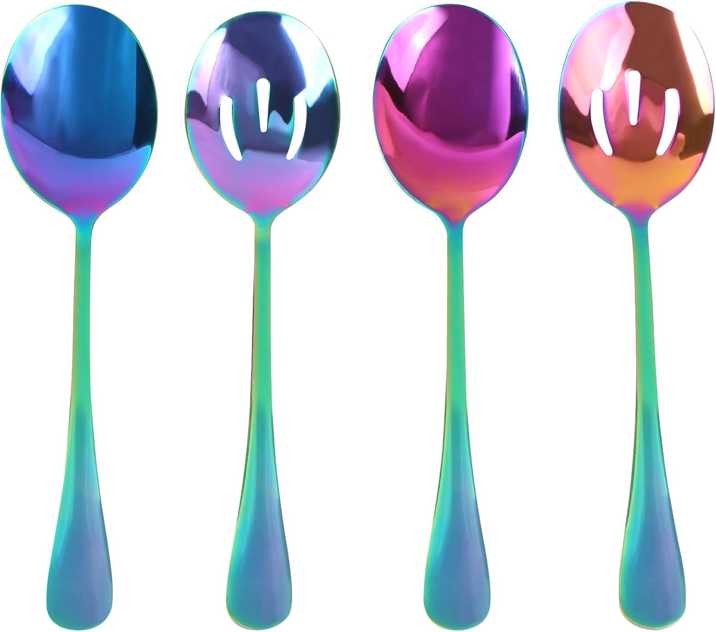 4 Pieces Colorful Serving Spoons Set, 2 Large Serving Spoons and 2 Slotted Spoons, Rainbow Stainless Steel Utensils