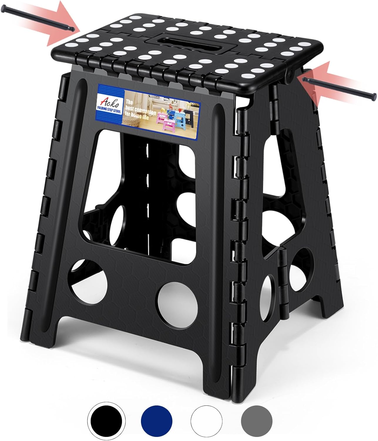 16 Inch 400 lbs Black,1 ACKO Folding Step Stool Foldable Capacity, Plastic Stools for Adults and Kids, Collapsible