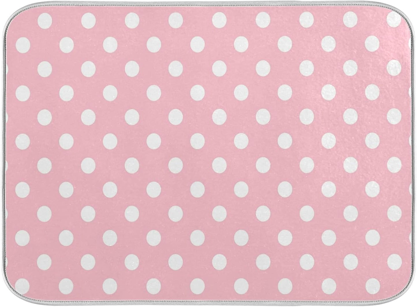 Pink White Polka Dot Dish Drying Mat for Kitchen Counter, 18 x 24 Inch Absorbent Microfiber Drainer Mat