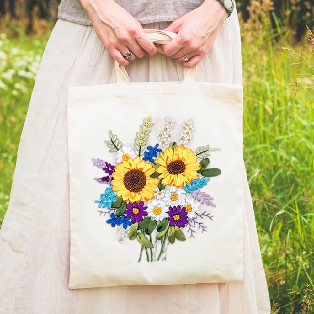 KABAKE Canvas Tote Bag Silk Ribbon Embroidery Kit, Embroidery Kits for Beginners, Arts and DIY Crafts Embroidery Starter kit, Include Stamped Embroidery Bag, Threads, Embroidery Tools