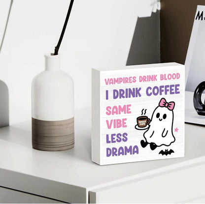 Skiennix Halloween Office Decor - Cute Ghost Coffee Bar Sign for Home & Bedroom | 5x5 Inches