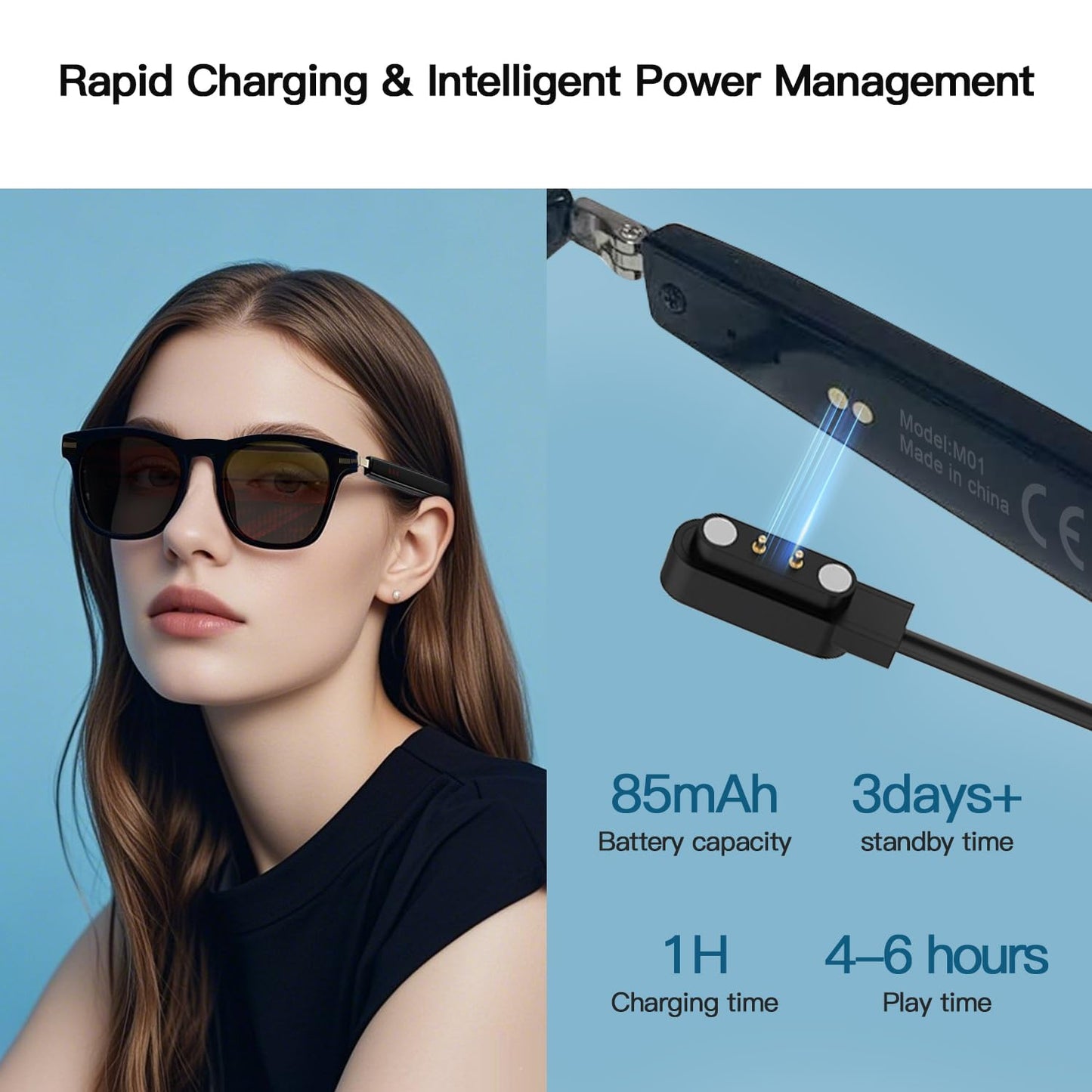 Bluetooth Audio Smart Glasses, Blue Light Glasses for Women Men, Remote Shooting, Open Ear Sound Mic & Speakers, Magnetic Charging, Color-Changing Polarized Sunglasses Lenses, Voice Assistant（GS06S)
