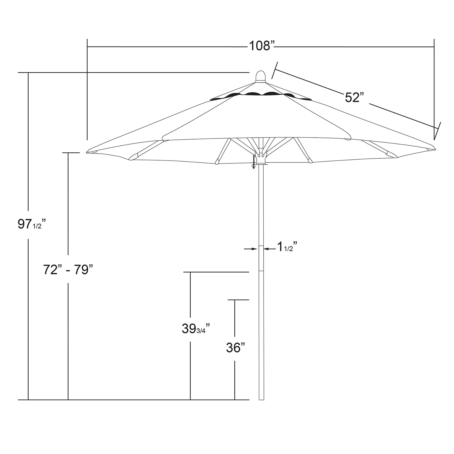 California Umbrella 9' Premium Commercial Hardwood Patio Umbrella, Manual Lift With Sunbrella Natural Fabric