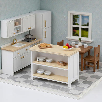 Miniature Dollhouse Kitchen Island, 1/12 Scale Wood Dining Table with Storage Shelves, Modern Furniture Accessories, Rectangular Mini Counter Shelving for Restaurant Pub Bar Decoration, White