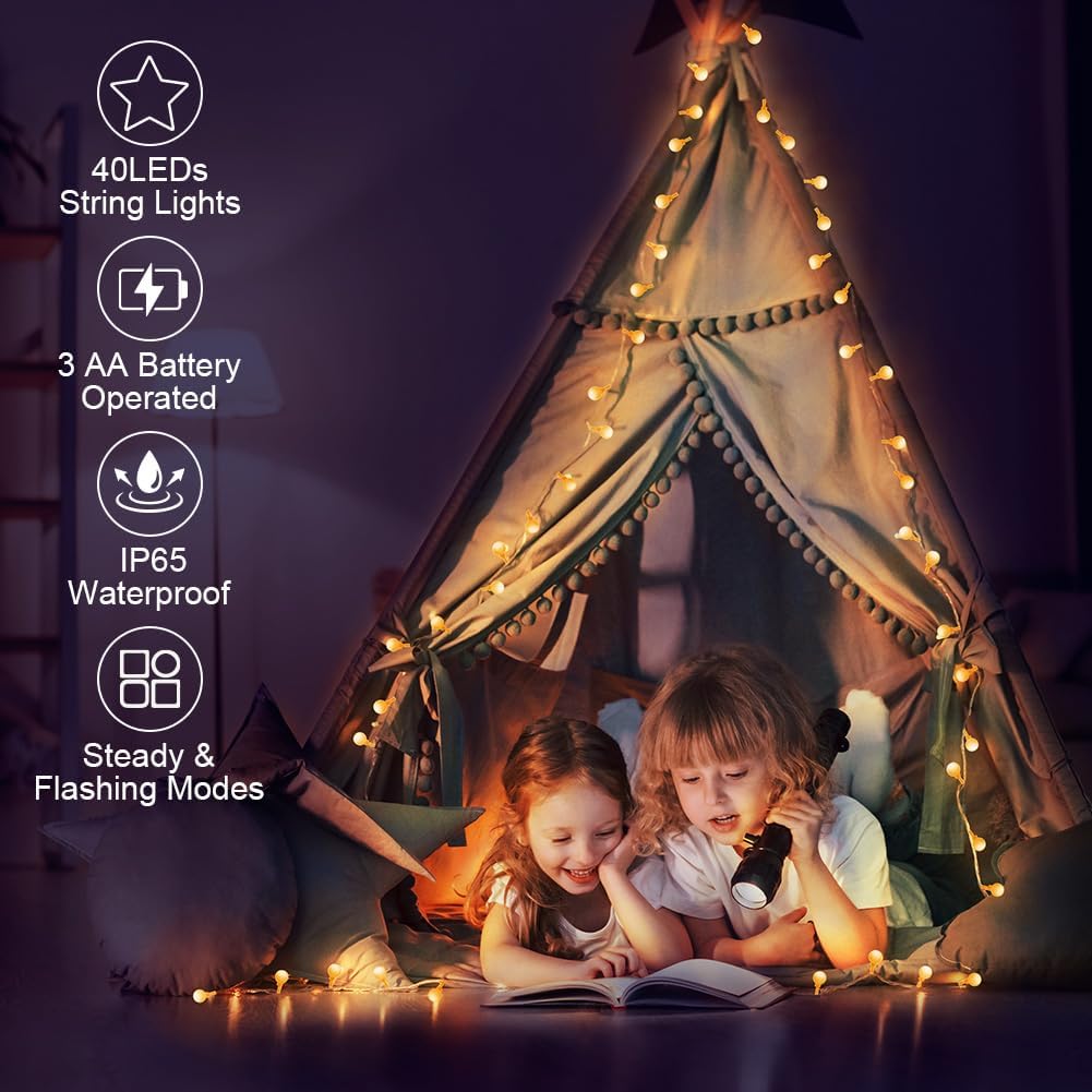 AUAUY 40 19.6FT 2 String Lights, LED String Lights Battery Operated Modes, Christmas Lights Bedroom, Waterproof Outdoor