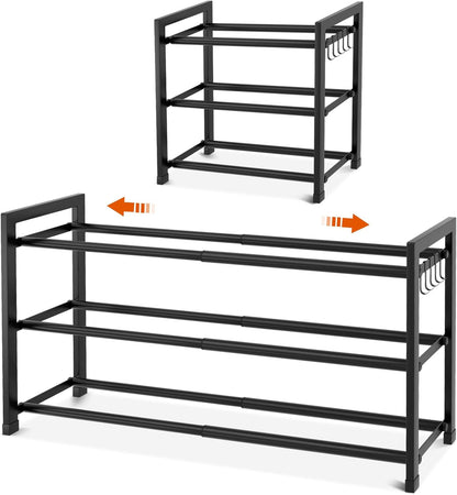 18.5"33", 3-Tier Closet, 12 Expandable Shoe Rack for Small Spaces, Adjustable Width Sturdy Metal Shoe Organizer