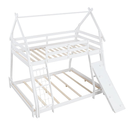 KOMFOTT Wood Twin Over Queen House Bunk Bed, Playhouse Floor Low Bunk Bed with Climbing Nets & Ramp, Space Saving Solid Wood Bunk Bed Frame with Safety Guardrails, Not Box Spring Required (White)