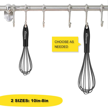 NileHome Silicone Whisk Set - Versatile 8" & 10" Kitchen Whisks for Cooking & Baking | Black