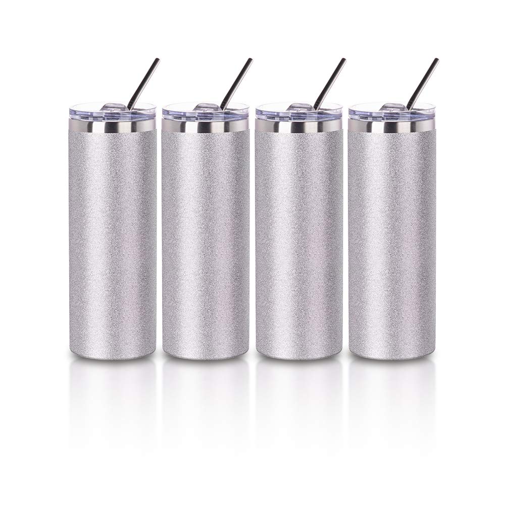 PYD Life Sublimation Blank Glitter Skinny Tumbler Silver 20 OZ Straight Stainless Steel Coffee Cups with Lid and Metal Straw for Tumbler Heat Press Sublimation Oven Printing 4 Pack