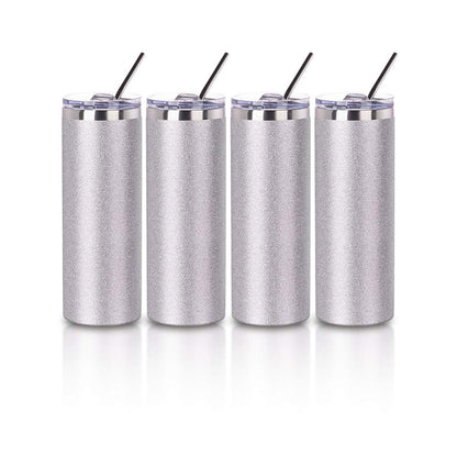 PYD Life Sublimation Blank Glitter Skinny Tumbler Silver 20 OZ Straight Stainless Steel Coffee Cups with Lid and Metal Straw for Tumbler Heat Press Sublimation Oven Printing 4 Pack