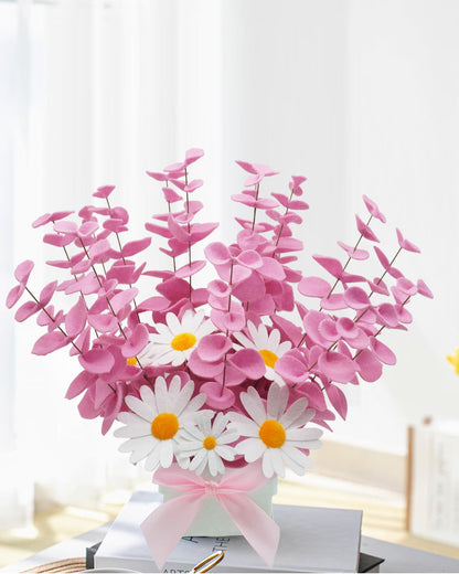 BAZIMA Felt Eucalyptus Daisy Bouquet,Felt Flowers,Multi-Color Felt Leaves,DIY Bouquet,Artificial Flower Bouquet with Flower Pot,Floral Gifts,15 Eucalyptus and 8 Daisies kit (Pink)