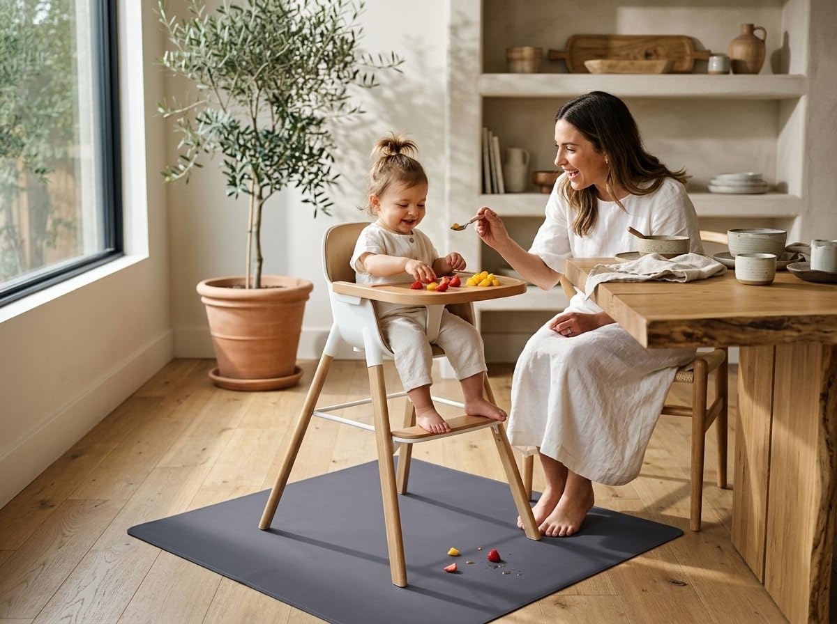 Splat Mat for Under High Chair/Arts/Crafts, WOMUMON Washable Spill Mat Waterproof Anti-Slip Floor Protector Splash Mat, Messy Mat and Table Cloth