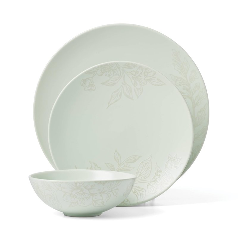Oneida 897395 Roseto 12-Piece Dinnerware Set, Soft Sage