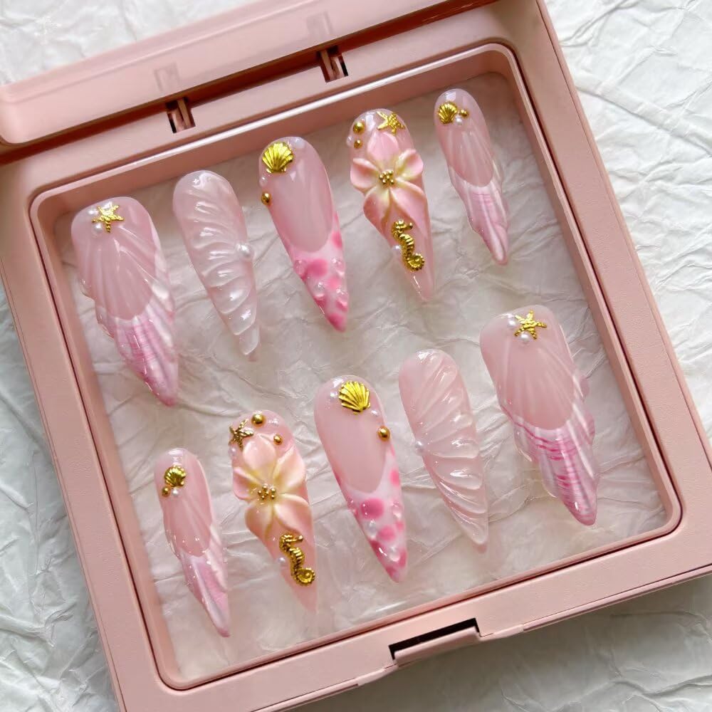 10Pcs Press On Nails - MAGLFELL Handmade Stiletto Pink Fake Nails, 3D Pink Carved Flower, and Gold Plated Accessories Design, Reusable Artificial False Nails for Women Acrylic Nails Kit (Size S)