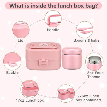 Bento Lunch Box for Kids with 8oz Soup Thermo,2 Leak-Proof Food Containers, a Lunch Bag, Kids Thermo Insulated Hot Food Jar for School, Travel-Pink