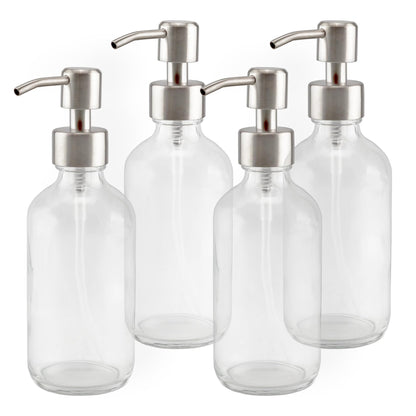 Cornucopia Brands 8-Ounce Clear Glass Boston Round Bottles w/Stainless Steel Lotion Pumps (4-Pack); Empty Refillable Liquid Soap & Lotion Bottles