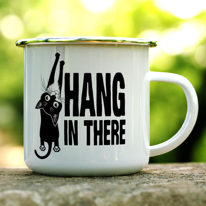 Hang in There Enamel Camping Coffee Mug - Funny Inspirational Motivational Cat Gift Cup for Friend, Coworker, Women,
