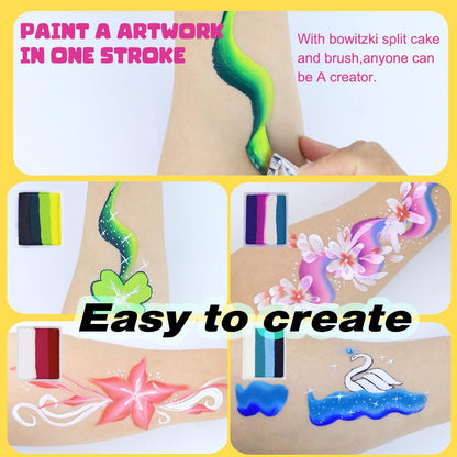Bowitzki Face Paint Kit Professional Split Cake Face Painting Set 12x10 gm with Stencil One Stroke Non Toxic Safe Rainbow Flora Dolphin Unicorn Flame Body Paint Halloween Christmas Makeup