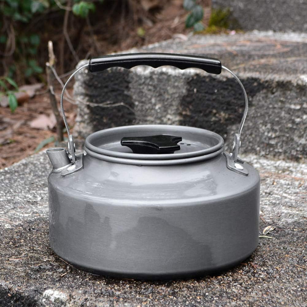 Outdoor Camping Tea Kettle Teapot 1.1L, Portable Coffee Pot Picnic Set, Wood Stove Steamer for Hiking (Grey)