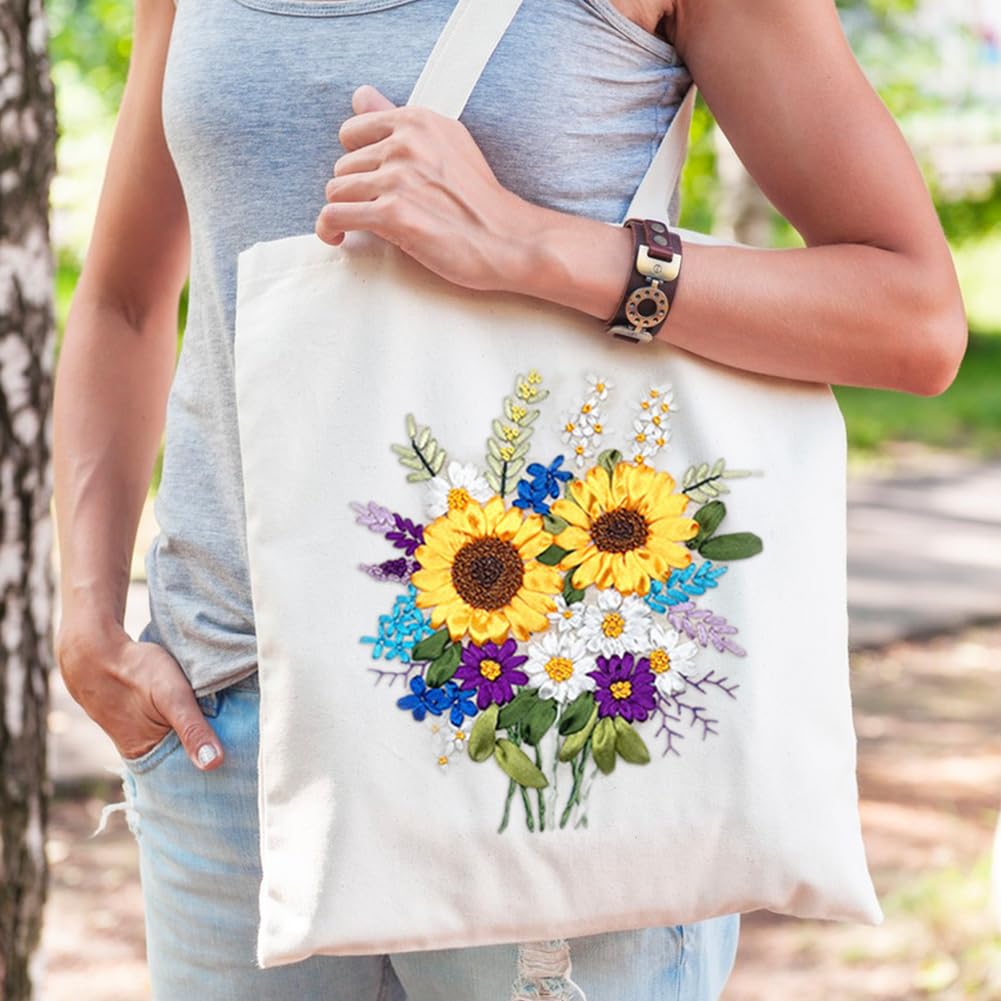 KABAKE Canvas Tote Bag Silk Ribbon Embroidery Kit, Embroidery Kits for Beginners, Arts and DIY Crafts Embroidery Starter kit, Include Stamped Embroidery Bag, Threads, Embroidery Tools