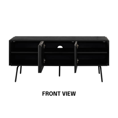 NTC Mossic TV Media Cabinet with 3 Doors for TVs, Entertainment Center with Natural Rattan, Metal Legs, Modern Storage Console for Living Room and Bedroom, Effortless Assembly, Burnt Black