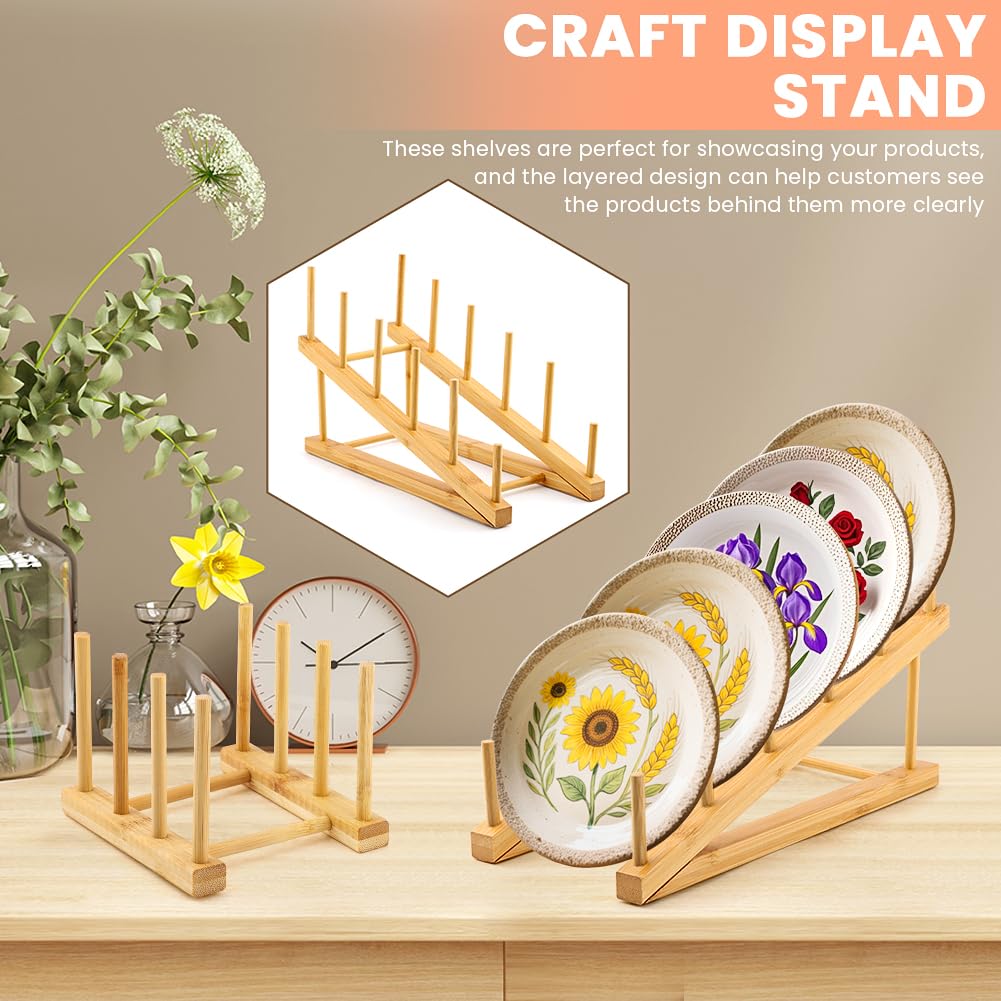 Bibabala 2Pcs Plate Stands for Display, Wooden Plate Holders with 1 Cup Holder,5 Tiers Bowl Rack, Craft Show Display Stands for Tabletop Book, Artwork, Photo, Record, Magazine, Platter