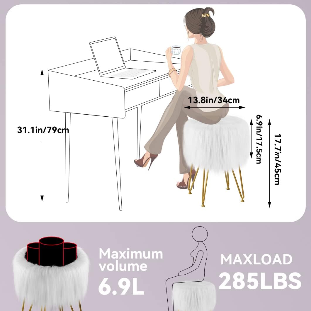 4 Vanity Stool Chair with Storage, Faux Fur Makeup Room Seat Stool, Soft Padded Seat, Round Footrest Footstools