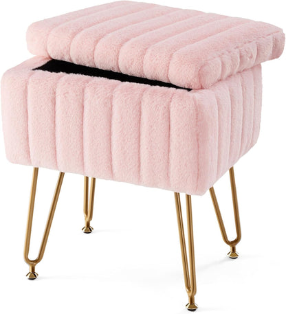 18.9H 16L 12.2W 4 Sweetcrispy Vanity Stool Chair with Storage, x x Ottoman Chair Faux Fur Soft Padded Makeup Footstools