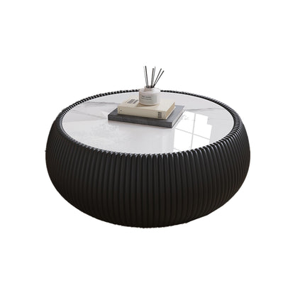 KEIKI Round Coffee Table, Mid Century Modern Tea Tables w/Marble Desktop, No Assembly Required Drum Shaped Corner Center Drink Tables, Accent Side Cafe Desk for Living Room, PU Wrapped Frame, Black