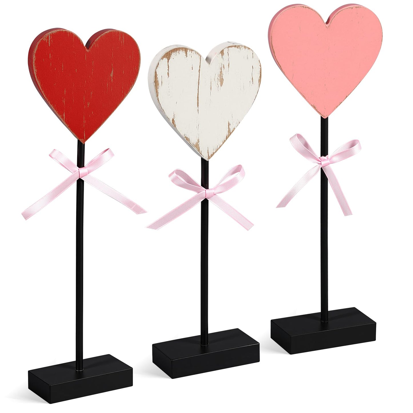 Yerliker 3 Pcs Valentine's Day Wooden Hearts Shape Sign, Valentines Day Farmhouse Table Decor, Rustic Pink Heart Shaped Standing Block, Love Signs for Centerpieces Wedding Party Favor Supplies
