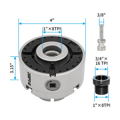 DEEFIINE 4 Inch Wood Lathe Chuck Set 1" x 8TPI Thread & 3/4"x16TPI Adapter, Nickel Plated Self-Centering 4 Jaw Wood Turning Chuck.(4 jaw)