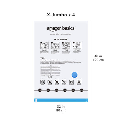 Amazon Basics Vacuum Storage Bags for Blankets, Vacuum Compression Space Saving Storage Bags with Hand Pump for Clothes Packing, X-Jumbo, 4-Pack
