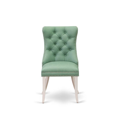 East West Furniture DAP2F22 Dallas Parson Kitchen Chairs - Button Tufted Nailhead Willow Green Polyester Fabric Upholstered Dining Chairs, Set of 2, Linen White