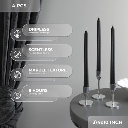 CANDWAX Black 10 inch Taper Candles Pack of 4 - Unscented Smokeless Dripless Tall Candle Sticks - Perfect for Home Decor, Special Occasions and Ordinary Events - Black Taper Candles