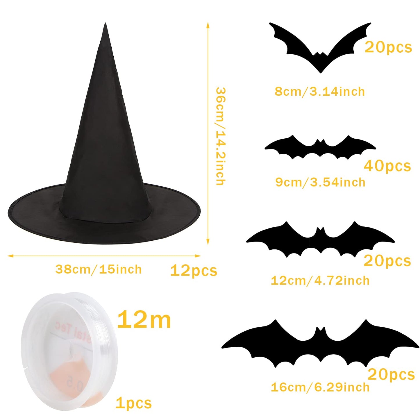 CCINEE 12 Pcs Halloween Decoration Witch Hats, Bulk Hanging Witch Costume Caps Accessories with 120 Pcs Bat Wall Stickers for Halloween Themed Party Yard Decoration