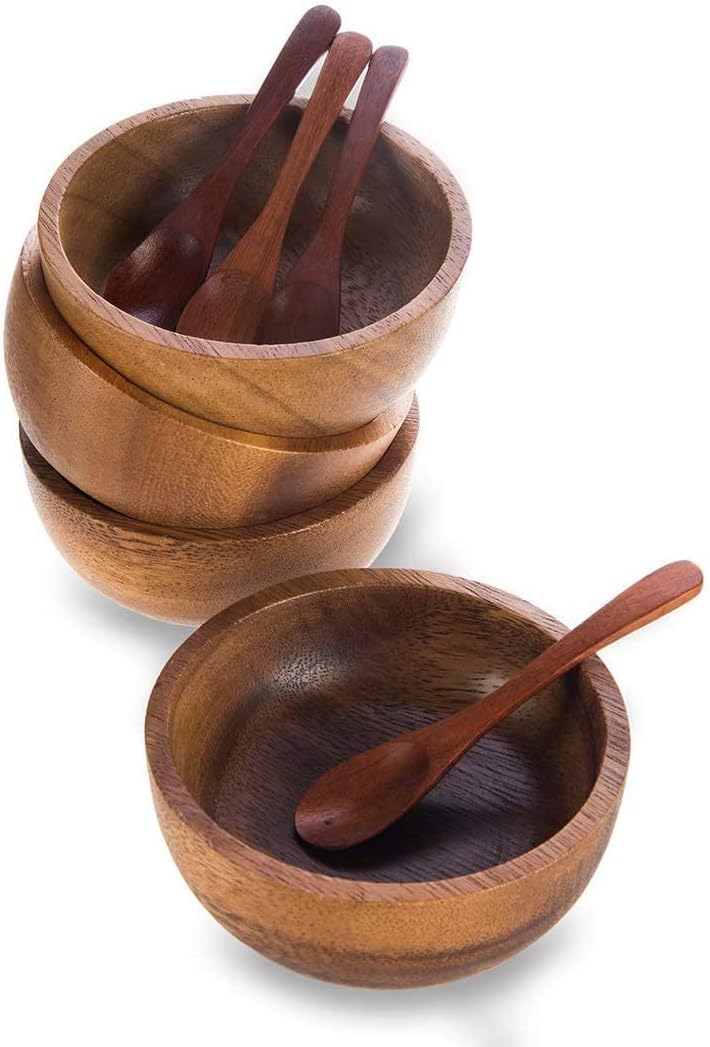 Set of 4 Small Round Acacia Wooden Bowls, 2¾ Inch with Spoons - Stackable Mixing Bowl Set