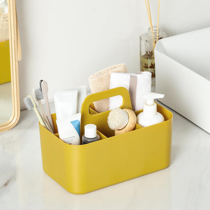 Multiuse Caddy Organizer with Handle, Portable Divided Plastic Tote Bin - Art Craft, Stationary Pen Marker Crayon, Makeup Hair Supplies Storage - Bathroom, Classroom, Dorm, Office, Desk Holder -Yellow