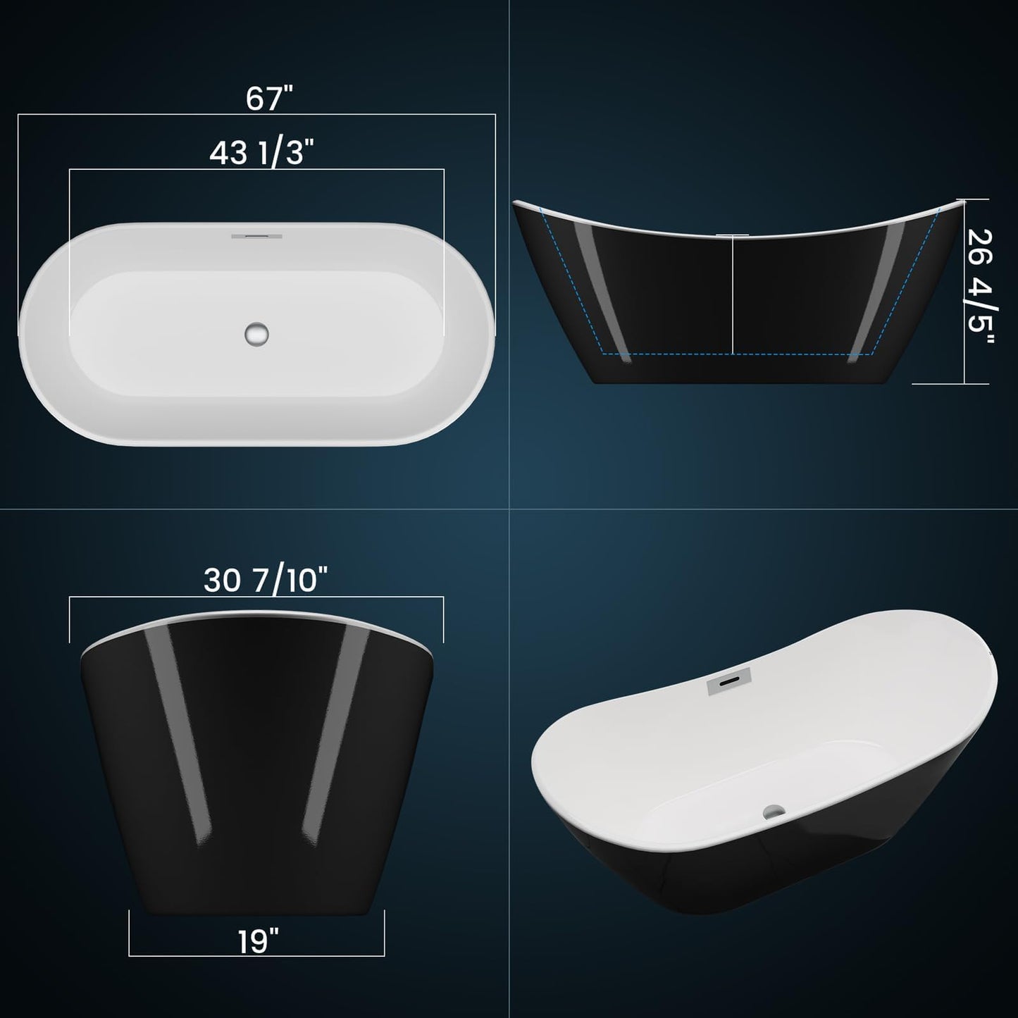 67'' Acrylic Freestanding Bathtub, Soaking Tub, Stand Alone Bathtub with Chrome Drain and Overflow, Modern Deep Upright Bath Tub for Bathroom, Easy Clean, Elegant Style, Black