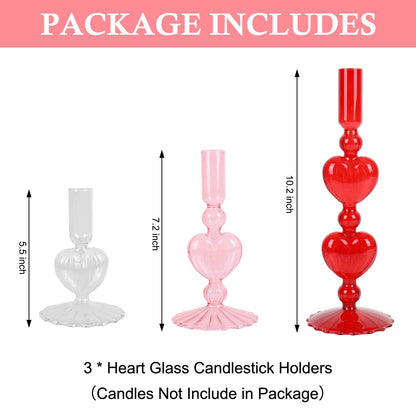 JarThenaAMCS 3Pcs Valentine's Day Taper Candle Holder Glass Candlestick Holder Clear Red Pink Heart Candle Stick Vase for Wedding Anniversary Party Table Centerpiece Decor
