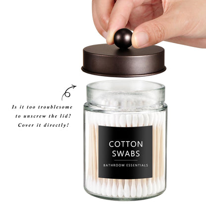 SheeChung Qtip Dispenser Holder 4pcs, Glass Apothecary Jars with Bronze Stainless Steel Lids &Stickers, Countertop Canister Guest Bathroom Storage Organizer Set for Cotton Swabs/Balls, Floss Picks