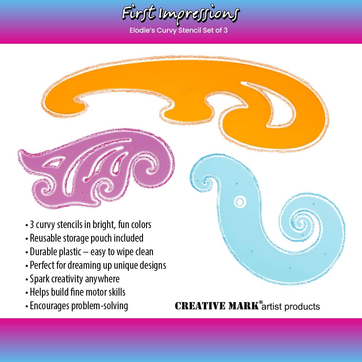 Elodie's Curvy Stencils by First Impressions - Durable Drafting Tools with French Curve Ruler & Drawing Shape Stencil for Imaginative Designs - Includes 3 Stencils & Reusable Storage Pouch