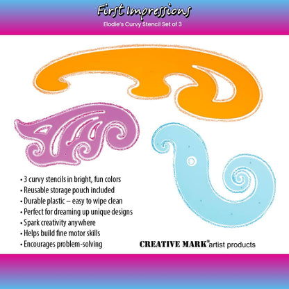 Elodie's Curvy Stencils by First Impressions - Durable Drafting Tools with French Curve Ruler & Drawing Shape Stencil for Imaginative Designs - Includes 3 Stencils & Reusable Storage Pouch