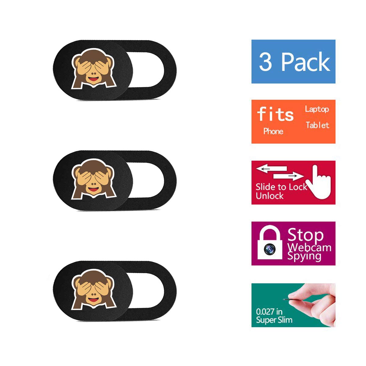SIREG Webcam Cover Ultra Thin - Web Camera Cover fits Laptop,Tablet,Computer, Smartphone, Protect Your Privacy and Security,Strong Adhesive (Monkey-Black & 3 Pack)