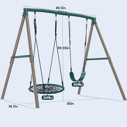 Hapfan 7.5ft Tall Swing Sets for Backyard, 500lbs Heavy Duty Metal Swing Set for Kids and Adults with Spider Swing and Belt Swing, A-Frame Outdoor Swingset Play Equipment(Green and Brown)