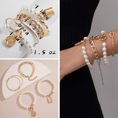 IFKM 6 PACK (24 PCS) Boho Gold Chain Bracelets Set for Women, 14K Gold Plated Multiple Layered Stackable Open Cuff Wrap Bangle Adjustable Link Italian Cuban Jewelry for Women Gift