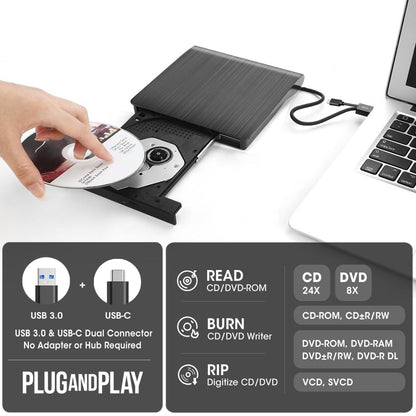 ROOFULL External CD DVD +/-RW Drive for Laptop Mac, USB 3.0 & USB-C CD DVD Disc Reader Writer Burner CD-ROM Portable DVD Player with Carrying Case for Windows 11/10 PC MacBook Pro Linux Computer