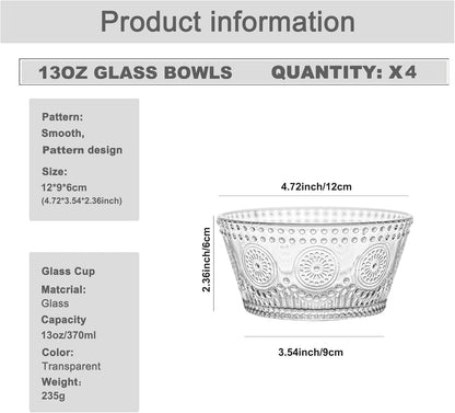 Set of 4 Glass Bowls, 13 OZ Small Bowls for Kitchen, Dessert, Ice Cream, Snack, Side Dishes, Dipping